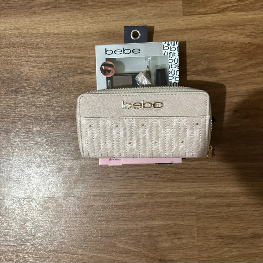 NWT Bebe Beige Wallet and NIB Makeup with Eye Shadow Eyeliner Mascara Gift Set